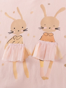 Robe tutu rose pour fillette avec broderie lapin 3D et imprimés à pois dorés