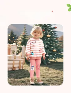Detail of girls' Christmas outfit with striped sweatshirt and leggings with snowman prints