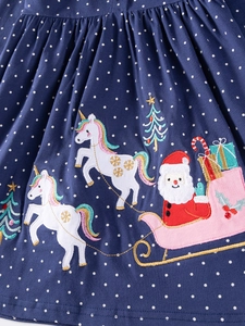 Abito natalizio da bambina blu navy a pois con ricamo di unicorno e Babbo Natale