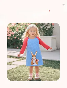 Girl's long sleeve polka dot dress featuring a creative cartoon rabbit print design