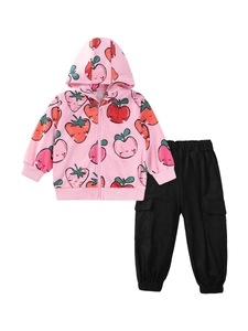 Ensemble sweat à capuche zippé rose imprimé fruits pour fille avec pantalon cargo noir