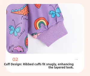 Detail view of purple ribbed cuffs and colorful cartoon print on cotton toddler sweater