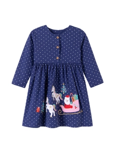 Abito blu navy a pois per bambine con ricami natalizi di unicorno e Babbo Natale