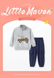 Detail of gray half-zip sweatshirt with animal embroidery and navy cargo pants set