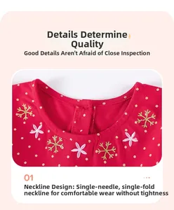 Close-up of red cotton girl dress featuring gold polka dots and floral embroidery