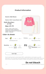 Detail view of pink girls' sweatshirt and beige ribbed pants with fabric specification