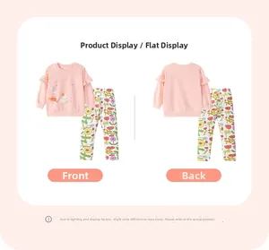 Front and back view of girls pink long sleeve sweatshirt with floral leggings outfit