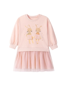 Robe rose manches longues fille avec lapins de dessin animé et jupe en tulle