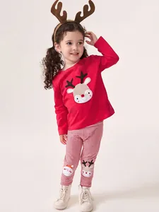 Ensemble de Noël pour Filles Applique Renne Haut Rouge Manches Longues Avec Pantalon Rayé Tenue de Festival Enfants 2 Pièces