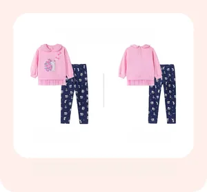 Front and back view of girls pink sweatshirt and floral pants set with hedgehog embroidery