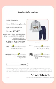 Detailed fabric composition and size chart for boys long-sleeve cotton sweatshirt set