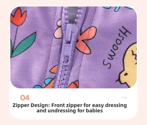 Detail of purple cotton hoodie featuring tulip prints and a smooth plastic zipper