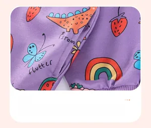 Detail view of purple knit pants featuring cartoon prints and reinforced pocket stitching