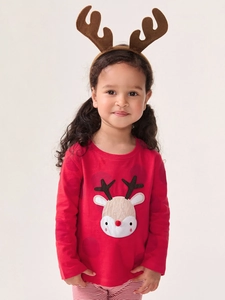Tenue de Noël fille avec haut brodé renne et serre-tête festif à cornes de renne