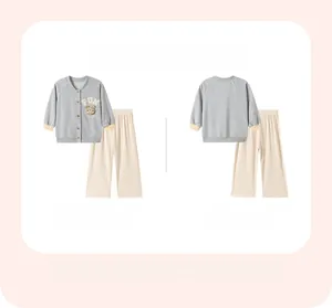 Front and back view of girls gray cardigan with 3D bear patch and striped beige pants