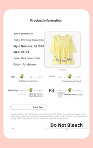 Tableau détaillé de la robe jaune en coton pour filles avec broderie de lapin mignon