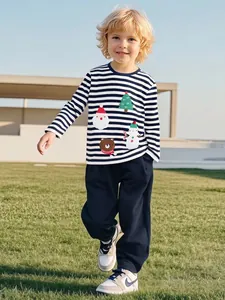 Completo Natalizio da Ragazzo a Maniche Lunghe Top a Righe Ricamato Babbo Natale e Pantaloni Lunghi Blu Navy