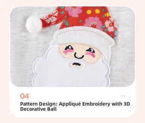 Detail of Christmas Santa applique embroidery with 3D plush ball on grey knit dress