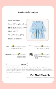 Detail specifications of 100% cotton girls dress with blue polka dots and rabbit embroidery