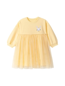 Gelbes Langarm-Tüllkleid für Mädchen mit eleganter Hasenstickerei und goldener Krone