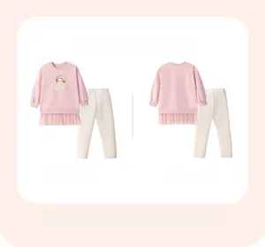 Meisjesset met roze sweatshirt, balletdanseres print, tule zoom en witte lange broek