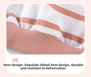 Detail of pink and white striped girls' outfit with elastic ribbed hem and cotton texture
