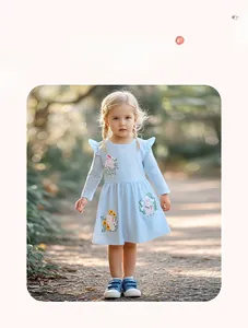 Toddler light blue polka dot dress with cute rabbit embroidery and ruffle sleeves