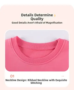 Detailed macro view of the ribbed round neckline on this pink cotton toddler sweatshirt