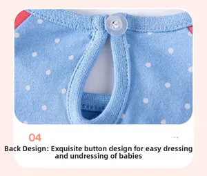 Close-up of cotton dress back with white polka dots and single button teardrop opening