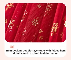 Detail of red Christmas dress hem with gold snowflake mesh and pleated layering