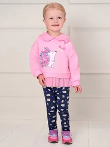 Girls Casual Pink Peter Pan Collar Hedgehog Sweatshirt Navy Print Pants Cotton Autumn Outfit Cute Cartoon Embroidery