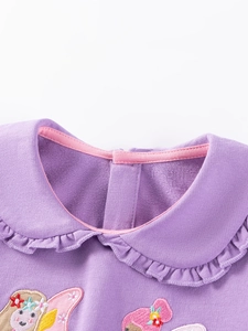 Purple girls' outfit with Peter Pan collar, ruffles and cartoon girl embroidery details