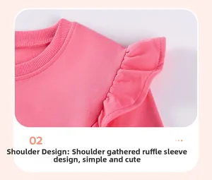 Detail of pink sweatshirt featuring pleated ruffle shoulder design and ribbed crew neck