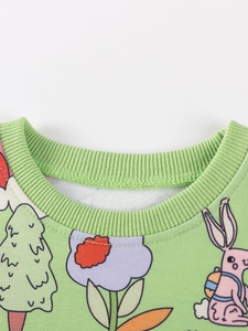 Girl's long sleeve set in light green with cute rabbit and flower cartoon prints
