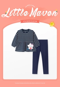 Detail view of girls' striped long-sleeve top with star embroidery and matching navy pants