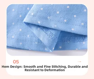 Close-up of double-stitched hem on light blue polka dot long sleeve cotton dress