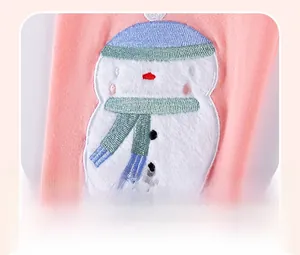 Close-up of pink knit fabric with soft white plush snowman applique and embroidery