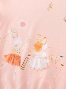 Pink toddler outfit featuring bunny prints with 3D mesh tutu skirts and floral details