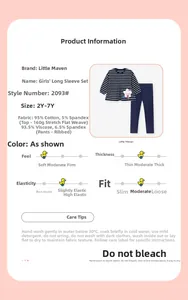 Size chart for girls long-sleeved cotton set with material details and wash care info