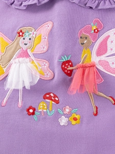 Purple girls' outfit featuring 3D fairy embroidery with tulle mesh and floral appliques