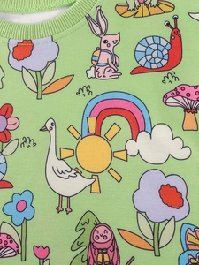Girl's green cotton sweatshirt with colorful cartoon animal and rainbow prints