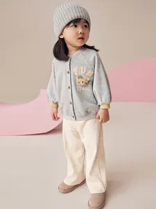 Little Maven Girls Autumn Clothing Set Gray Bear Applique Long Sleeve Top And Beige Ribbed Pants Casual Outfit For Kids