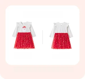 Detailed front and back view of girls' Christmas dress with Santa print and gold tulle skirt