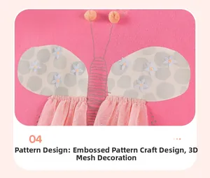 Close-up of pink butterfly graphic with 3D mesh tulle and orange pom-pom details