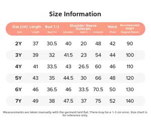 Size chart for girls autumn clothing set including top and pants from 2Y to 7Y