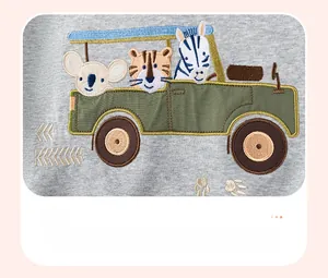 Detailed close-up of cartoon animal embroidery on grey cotton sweatshirt fabric