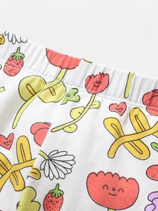Toddler girls autumn pants with cartoon strawberry floral print and ribbed cotton waist