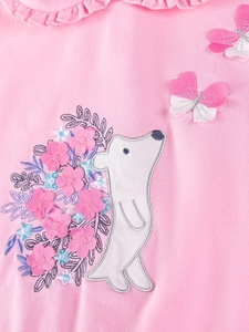 Pink knit girls set featuring cute hedgehog embroidery and 3D butterfly appliques