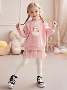 Little Maven Meisjes Katoen Sweatshirt Leggings Outfit Ballerina Meisje Borduurwerk Roze Broken Wit Kinderkleding Herfst
