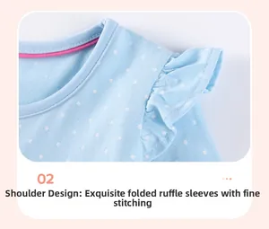 Detailed close-up of light blue polka dot cotton knit top with ruffled shoulder sleeves